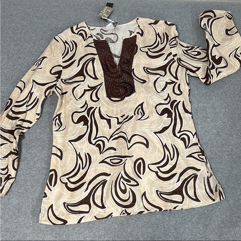 Lucy & Laurel Linen Top Size Medium Boho Coastal Pullover Longline Tunic